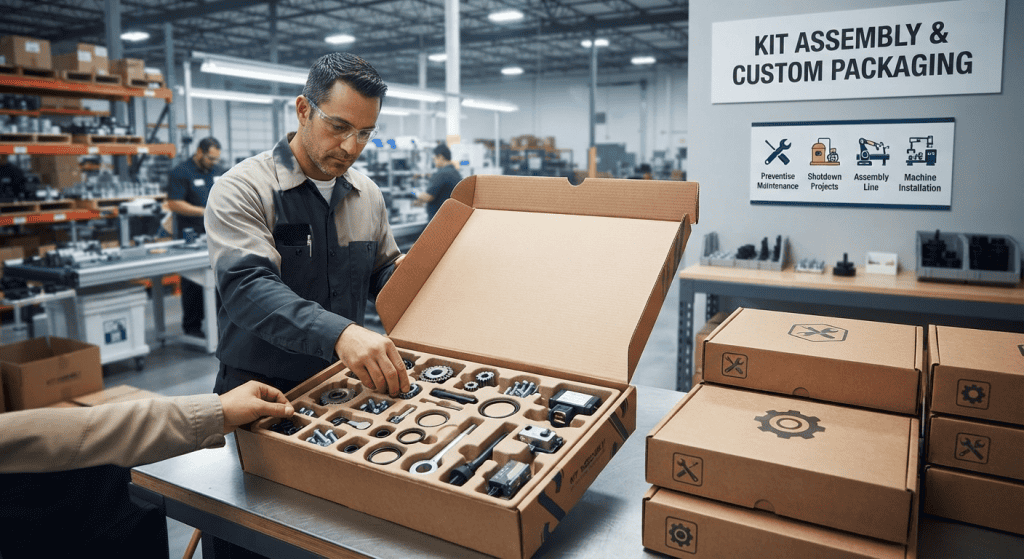 Layanan pengemasan dan pembuatan kit kustom untuk komponen mesin industri serta suku cadang siap pakai.