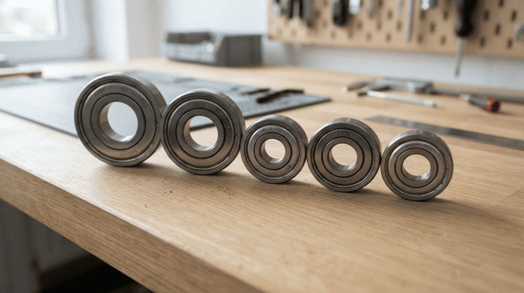 Jajaran shielded bearing logam dengan berbagai ukuran di atas meja kerja bengkel dari Djaja Harapan Makmur.