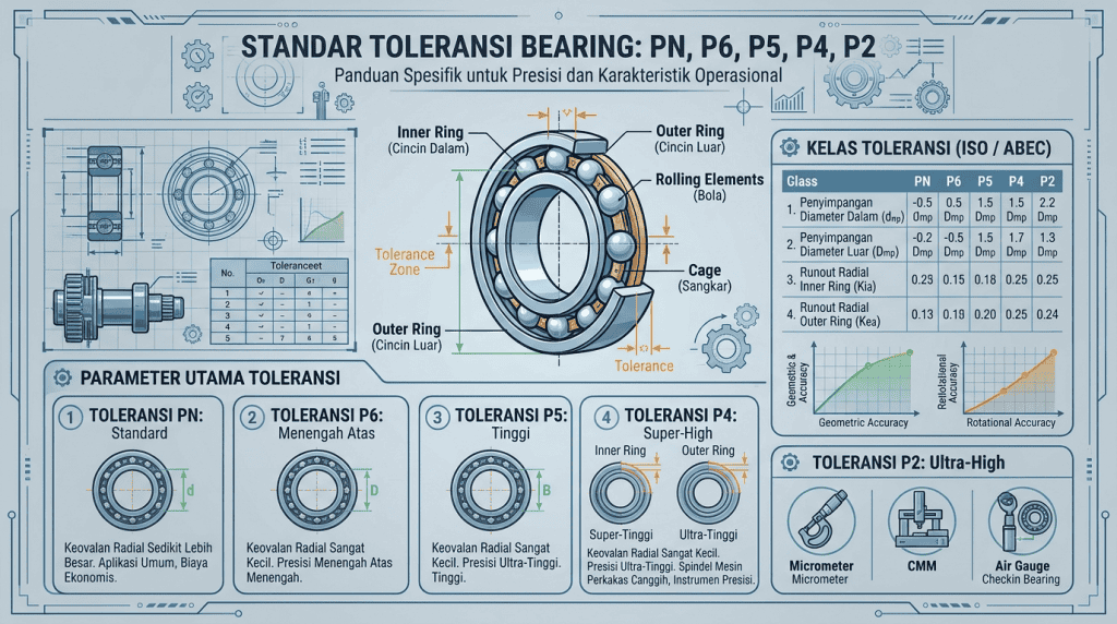 Infografis tabel standar toleransi bearing ISO/ABEC meliputi kelas PN, P6, P5, P4, dan P2 beserta panduan parameter presisi operasional.