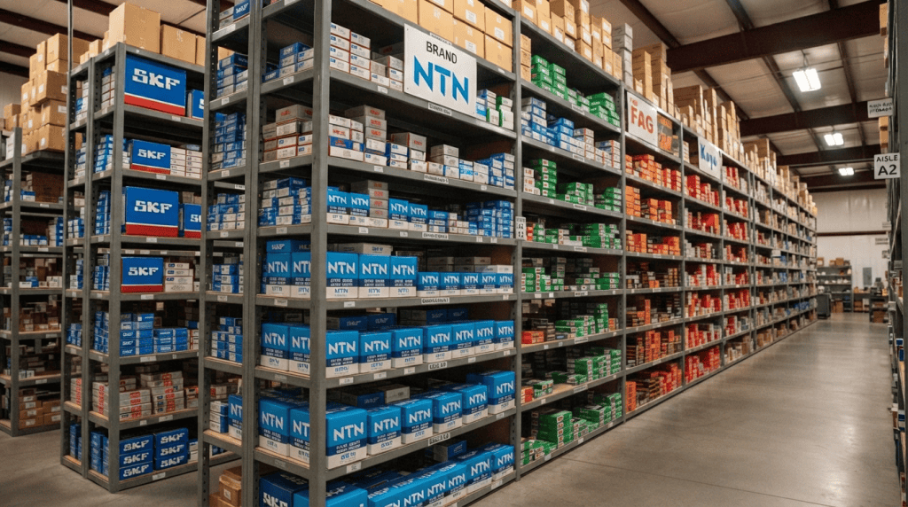 Gudang stok bearing industri yang lengkap dengan berbagai merek ternama seperti NTN, SKF, dan FAG di Djaja Harapan Makmur.