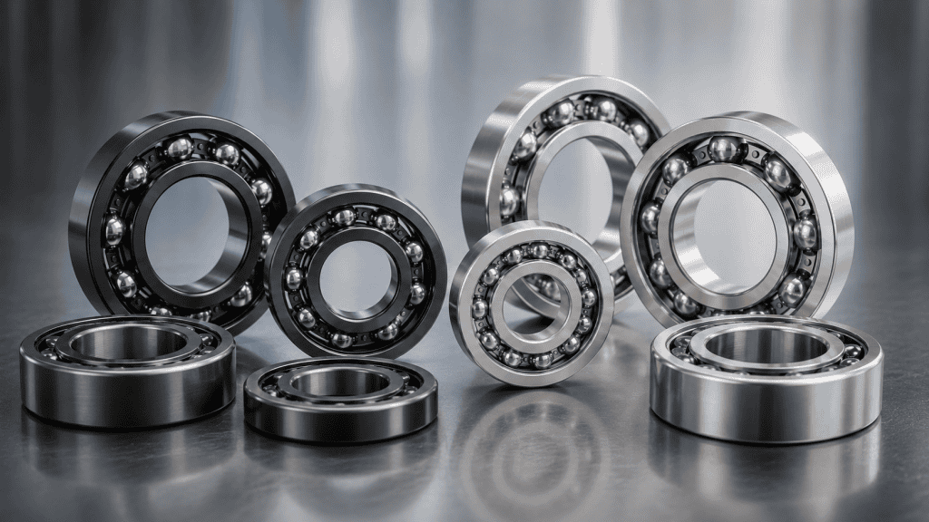 Perbandingan material bearing chrome steel dan stainless steel dalam berbagai ukuran untuk aplikasi industri.