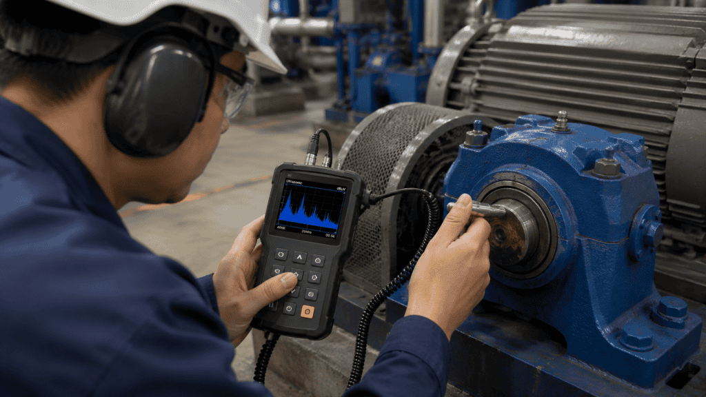 Teknisi melakukan predictive maintenance pada mesin industri menggunakan alat ukur getaran untuk mencegah kerusakan.