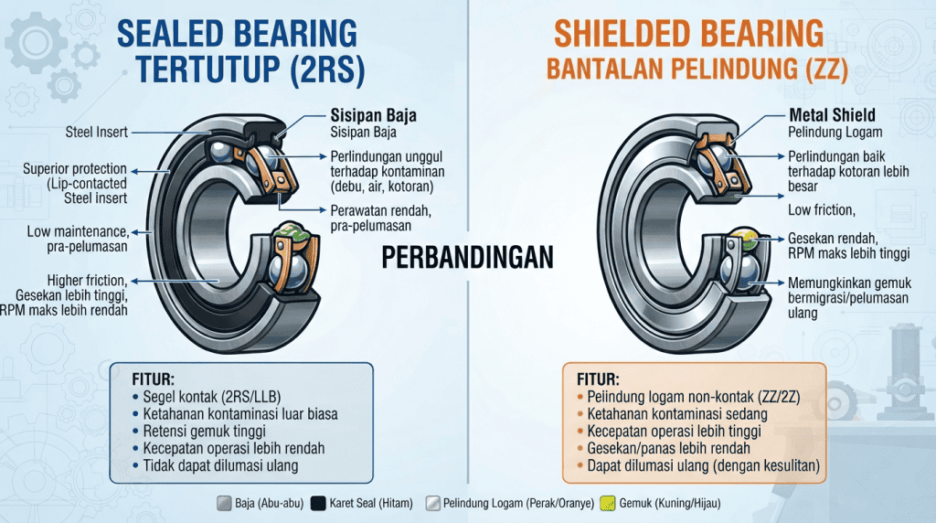 Infografis perbandingan teknis antara sealed bearing (2RS) dan shielded bearing (ZZ) yang menunjukkan perbedaan struktur, fungsi, dan fitur operasional.