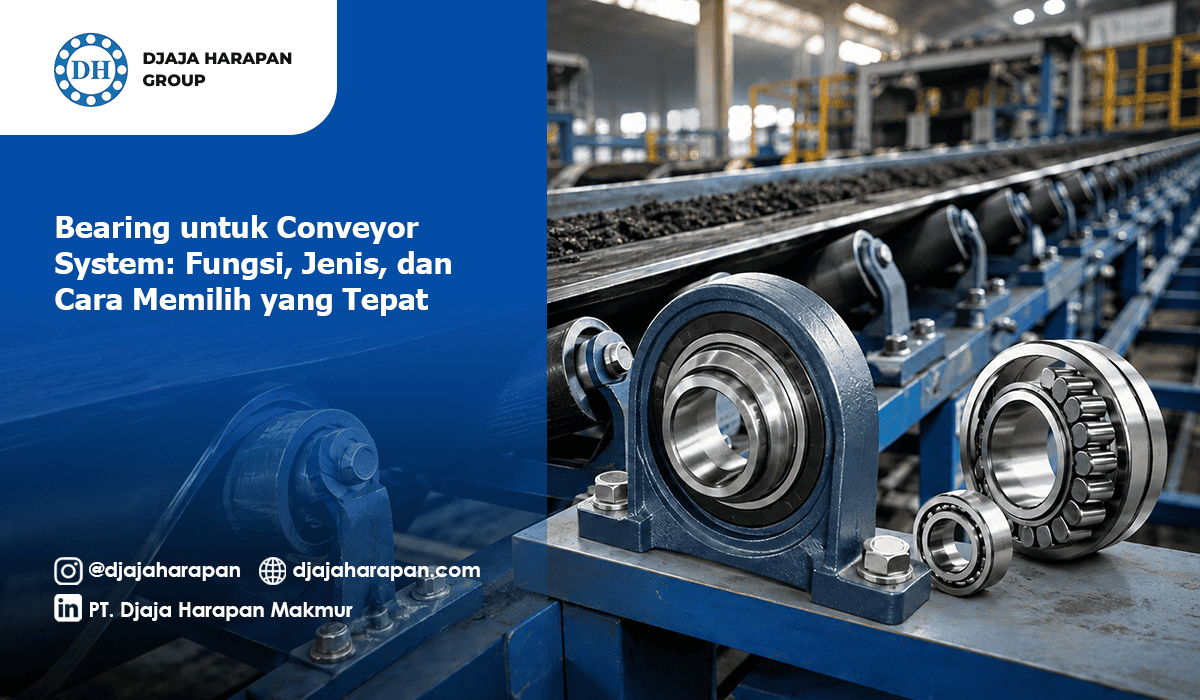 Bearing untuk conveyor system industri dengan latar belakang mesin roller conveyor Djaja Harapan Group