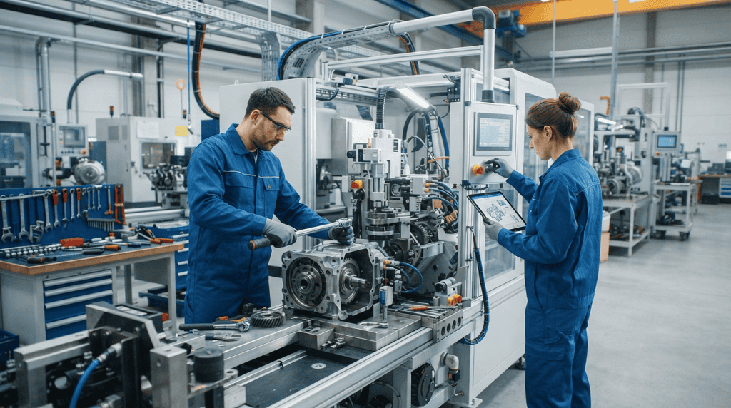 Dua teknisi profesional sedang melakukan perawatan dan pemeliharaan (maintenance) mesin industri presisi di dalam pabrik.