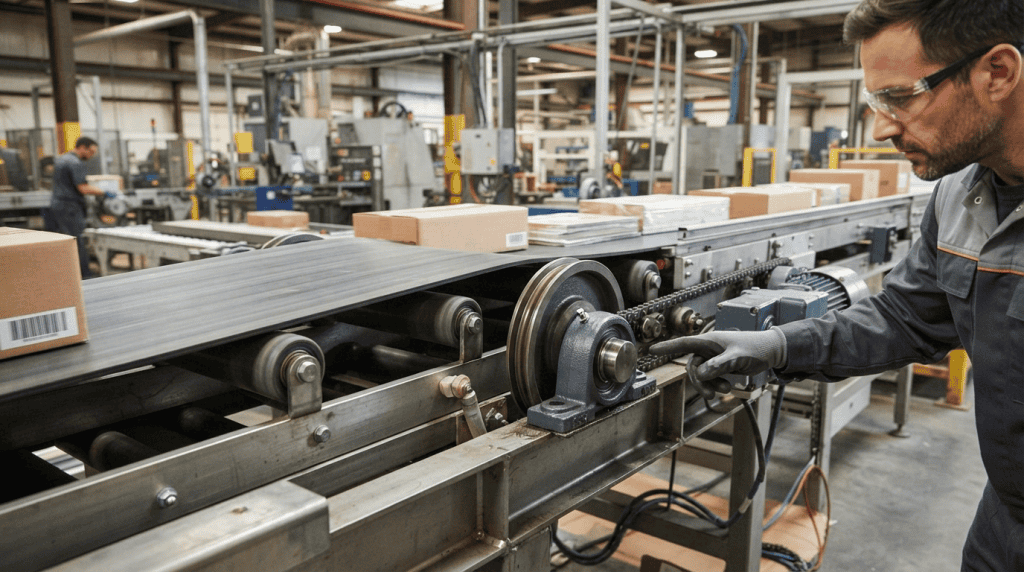 Teknisi melakukan pengecekan bearing pada mesin conveyor system di pabrik