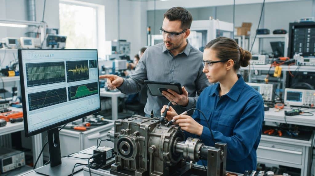 Reliability engineering: dua insinyur menguji gearbox mesin dan menganalisis data performa di laboratorium.