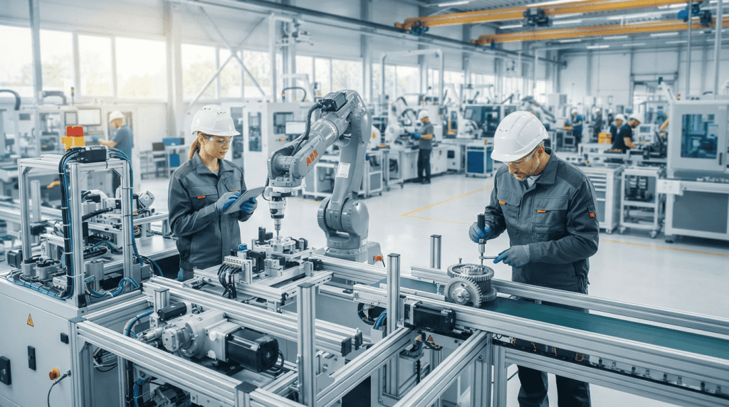 Dua teknisi pabrik bekerja di dekat lengan robot industri untuk menunjukkan manfaat penerapan strategi maintenance yang tepat.