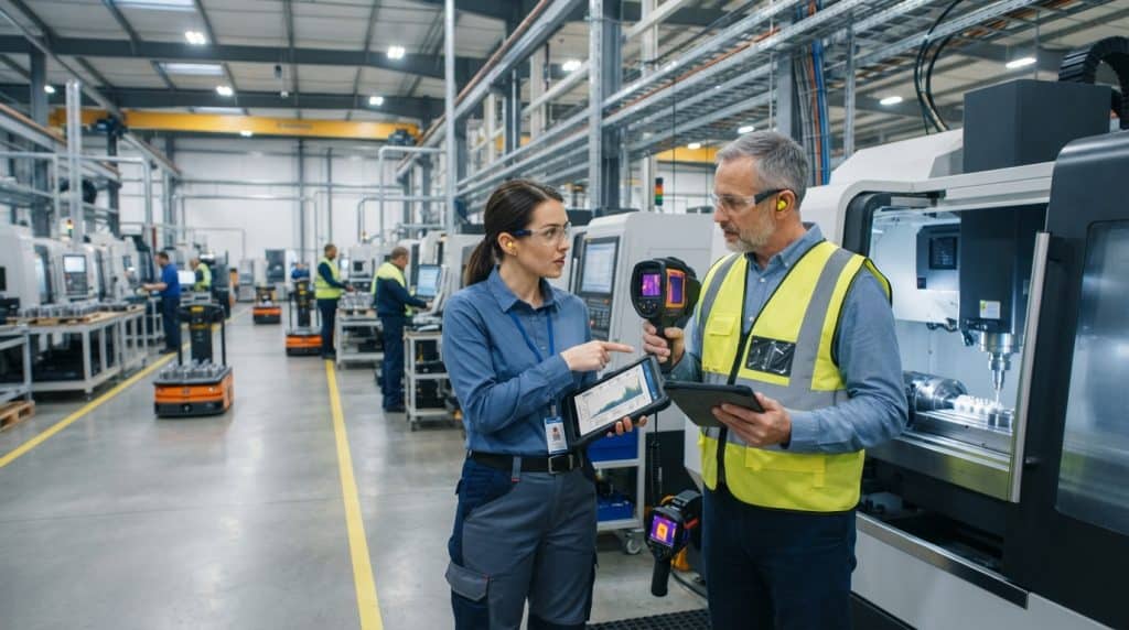 Manfaat reliability engineering untuk industri: teknisi menganalisis data termal dan mesin pabrik