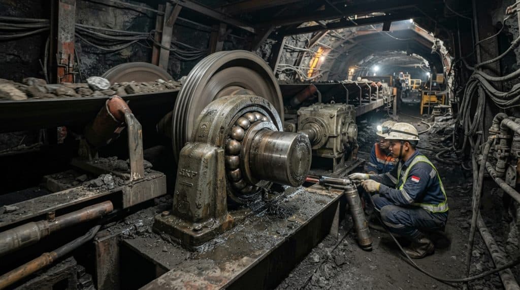 Teknisi melakukan perawatan pada mesin bearing konveyor di area pertambangan bawah tanah.