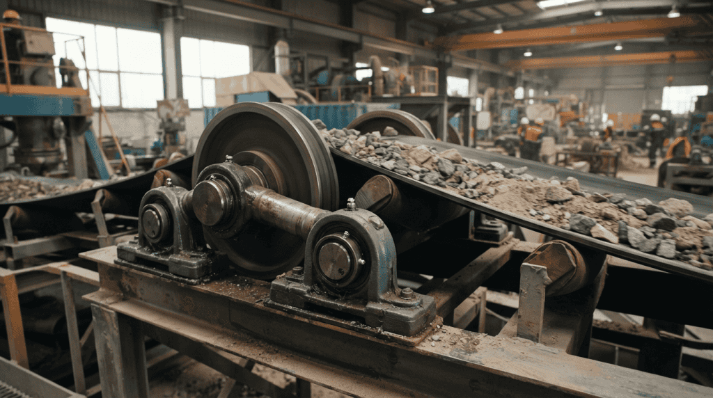 Bearing dan roller conveyor system yang sedang beroperasi di pabrik industri