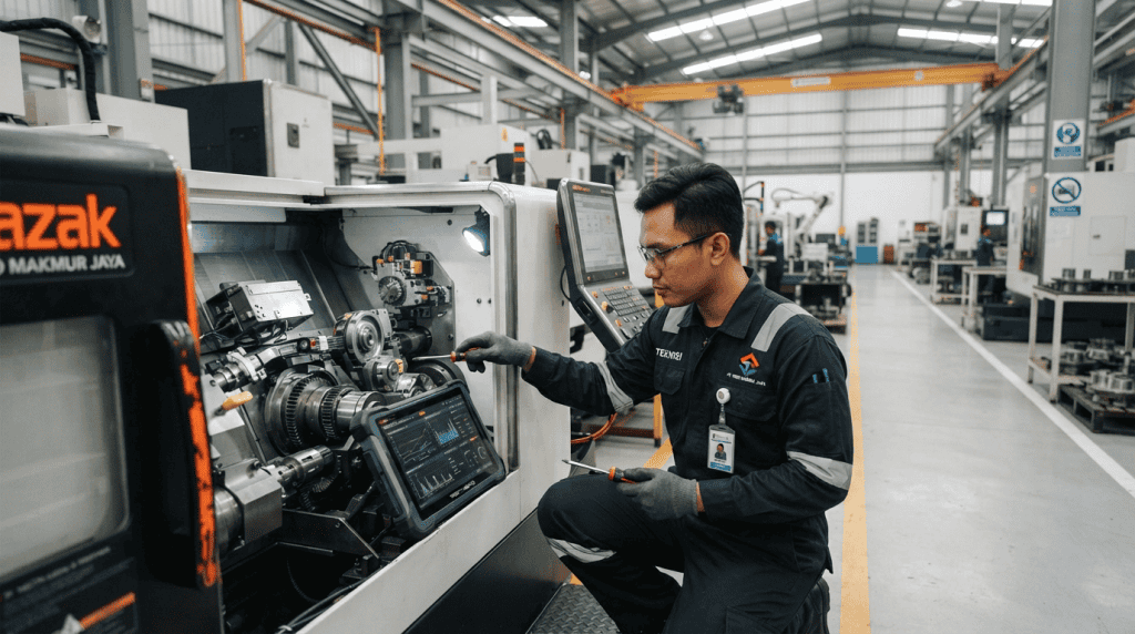 Teknisi melakukan perawatan mesin pabrik sebagai bagian dari strategi maintenance dalam industri.