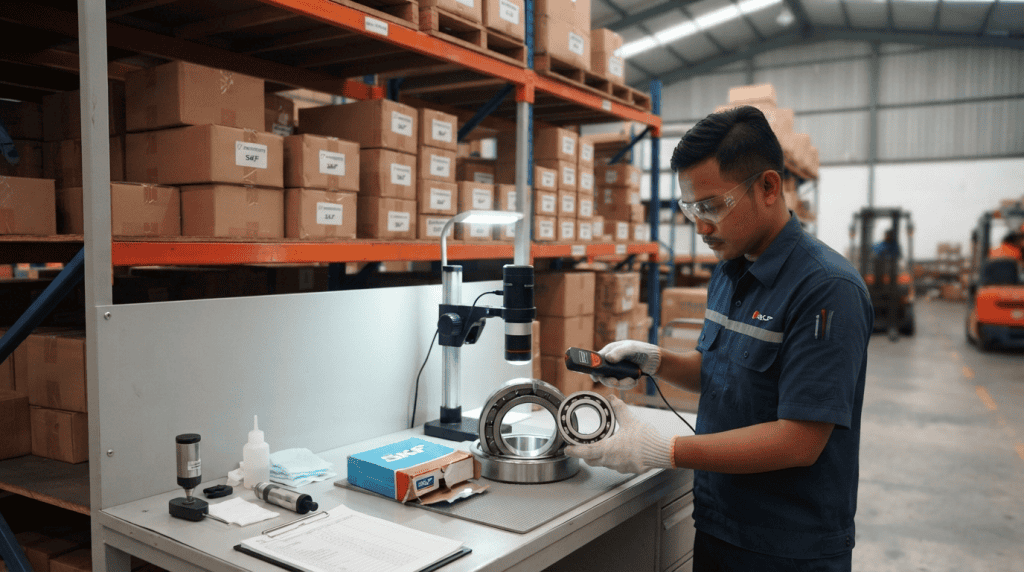 Seorang teknisi gudang mengenakan seragam biru, kacamata pelindung, dan sarung tangan sedang memeriksa kondisi fisik bearing presisi menggunakan alat ukur atau mikroskop digital di atas meja kerja, dengan latar belakang rak inventaris gudang yang tertata rapi.