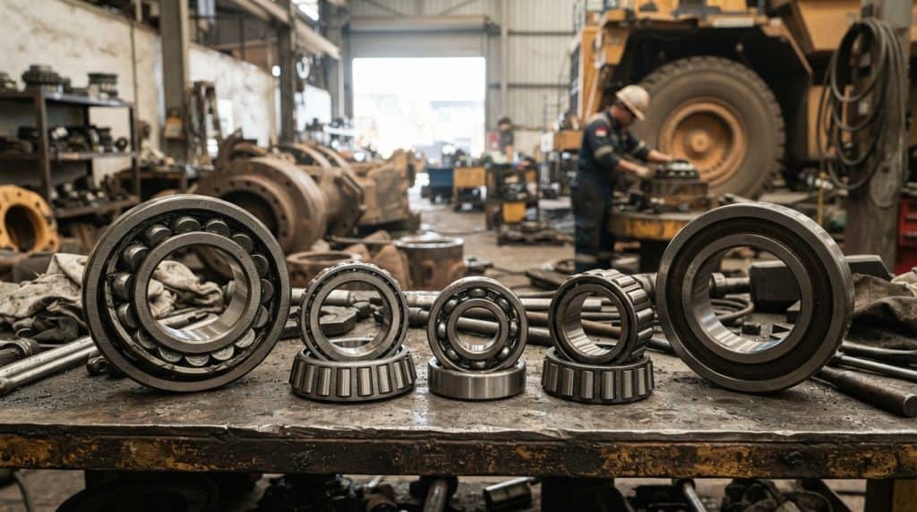Berbagai jenis bearing industri termasuk ball bearing dan roller bearing yang tersusun di meja kerja bengkel alat berat.
