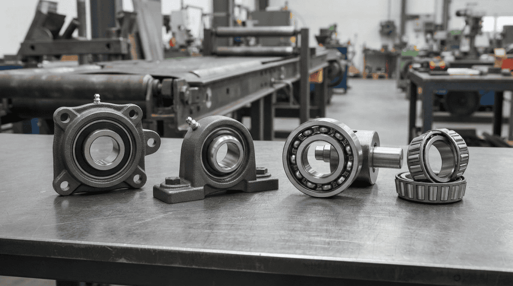 Berbagai jenis bearing industri seperti pillow block dan tapered roller bearing untuk sistem conveyor