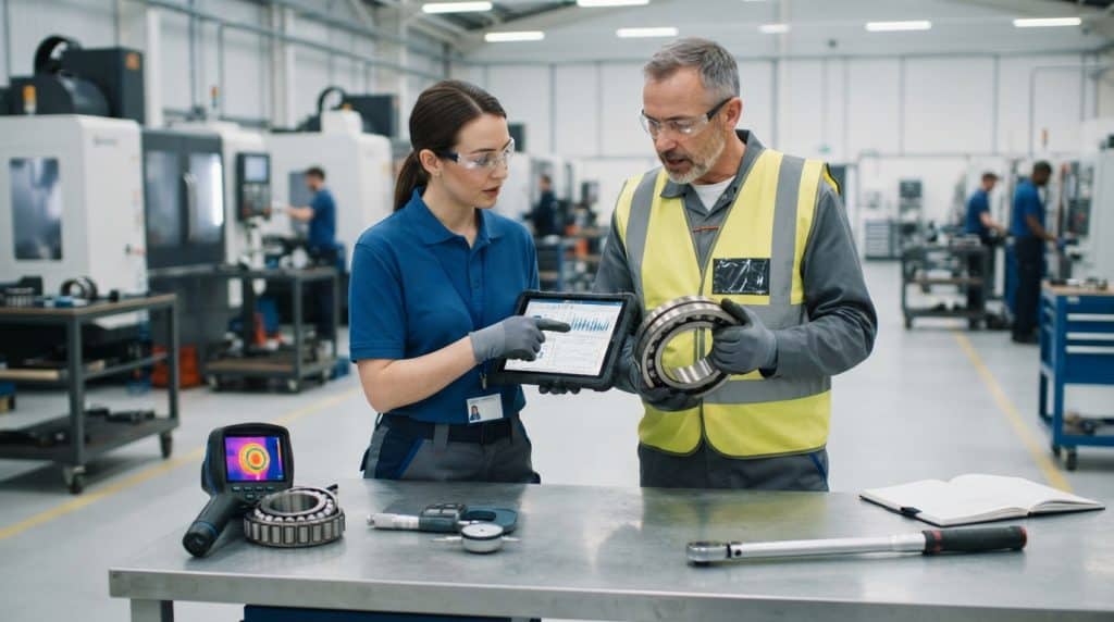 Dua insinyur pabrik menganalisis data keandalan bearing industri pada tablet.