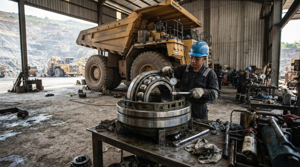 Seorang mekanik melakukan pengukuran presisi pada bearing roda truk tambang besar di bengkel pertambangan terbuka.