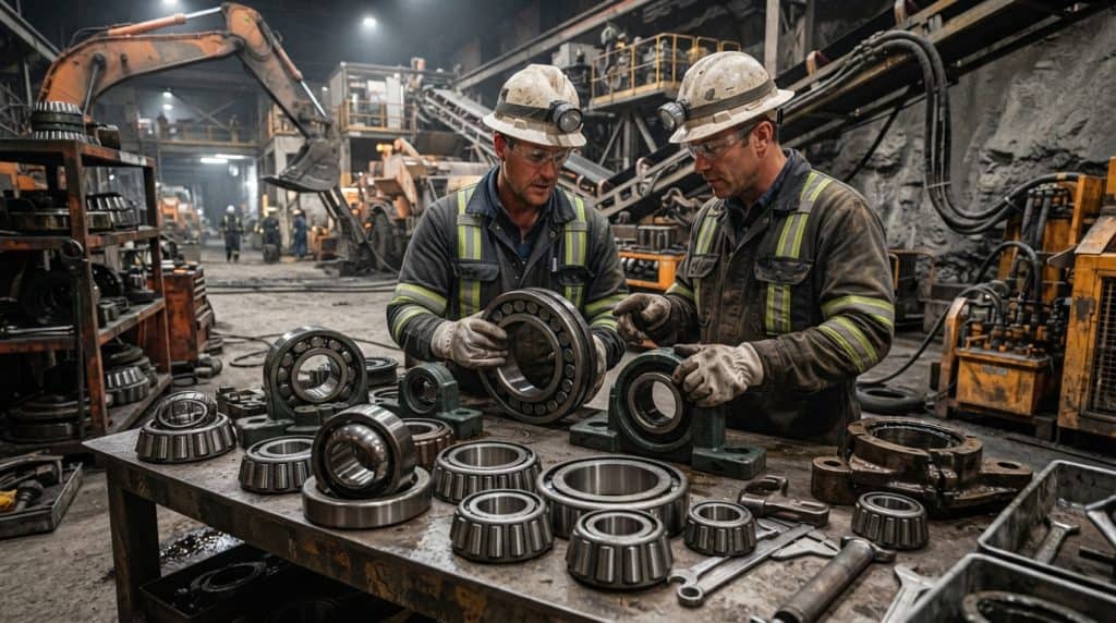 Dua teknisi tambang memeriksa dan memilih jenis bearing industri yang tepat untuk peralatan mesin berat.
