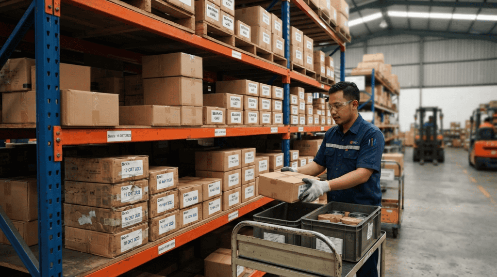 Seorang pekerja gudang mengenakan seragam biru, sarung tangan, dan kacamata pelindung sedang menata kotak kardus stok bearing ke dalam wadah dorong, dengan latar belakang rak gudang industri yang tinggi dan luas yang menerapkan sistem FIFO.