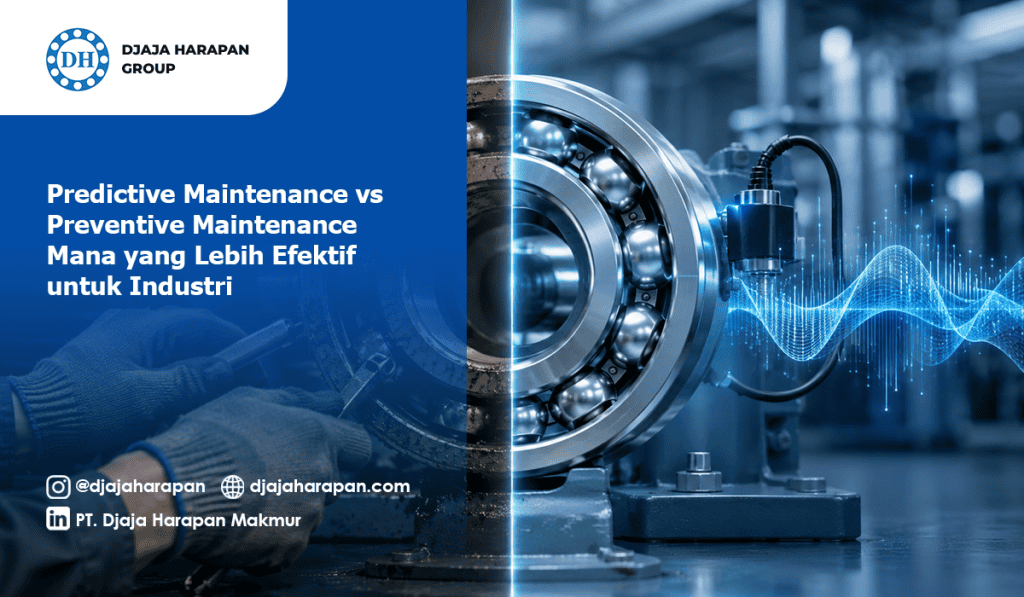 Perbandingan visual antara bantalan industri dalam kondisi usang (kiri) dan kondisi prima dengan pemantauan sensor digital (kanan), ilustrasi untuk artikel blog tentang predictive maintenance vs preventive maintenance oleh Djaja Harapan Group.
