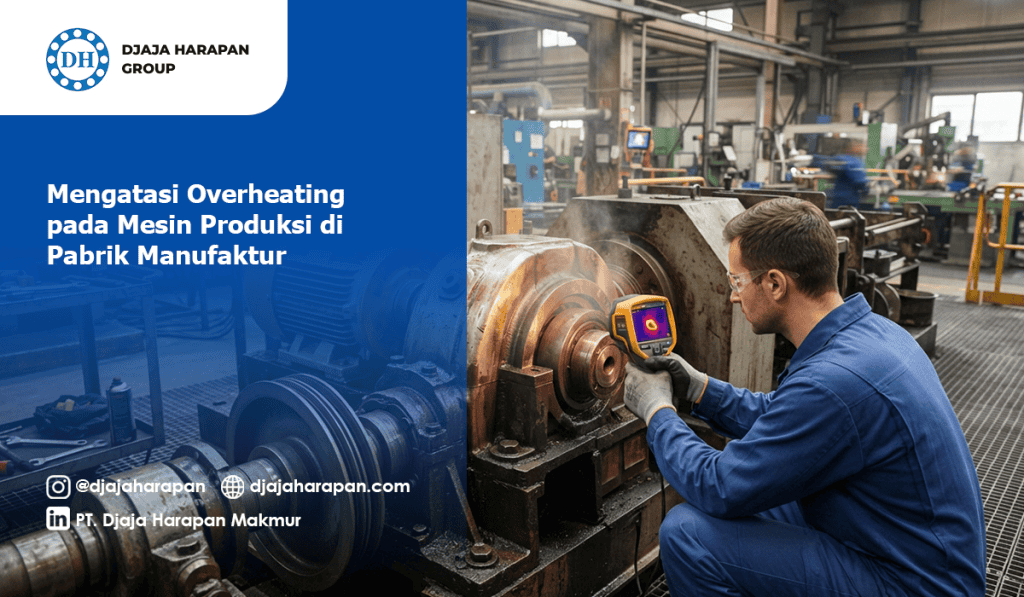 Seorang teknisi pabrik menggunakan kamera pencitraan termal untuk memeriksa mesin produksi yang mengalami panas berlebih (overheating) di lingkungan industri.