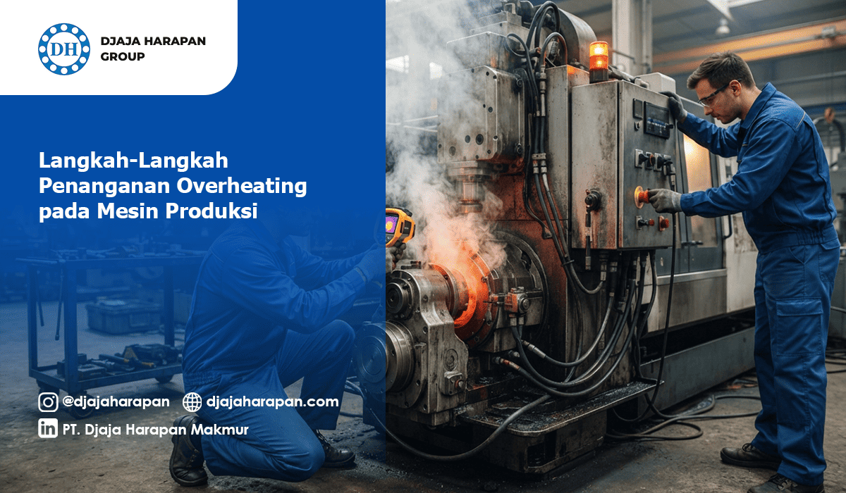 Teknisi memeriksa mesin produksi pabrik yang mengalami overheating dan mengeluarkan asap