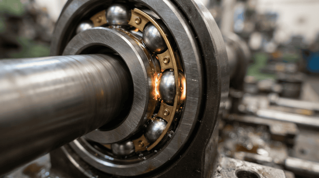 Gesekan atau friction pada ball bearing mesin industri yang terpasang pada poros baja