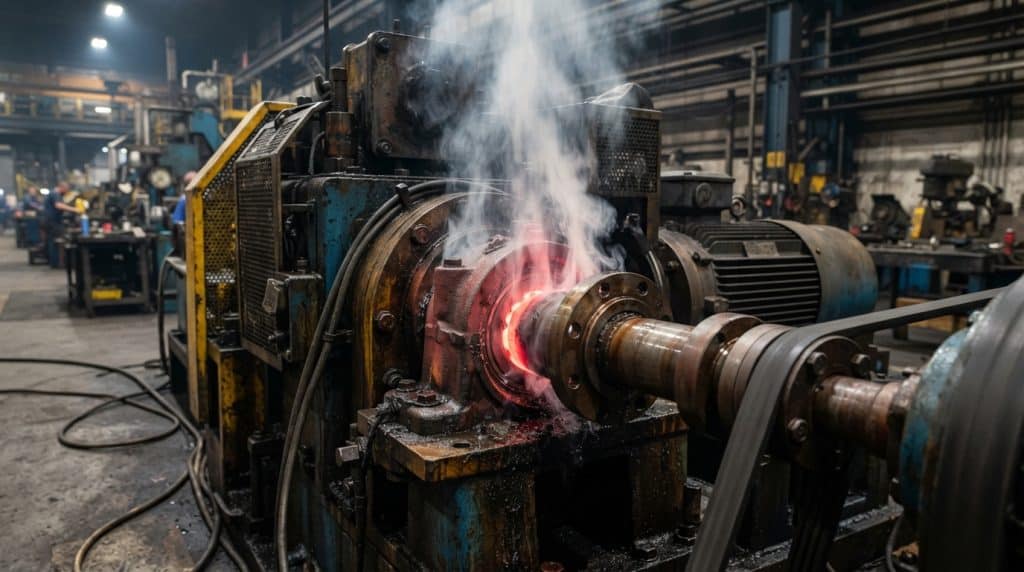 Pandangan dekat mesin produksi pabrik yang mengalami overheating parah, terlihat bagian yang membara merah dan asap tebal mengepul, menunjukkan kerusakan komponen mekanis.