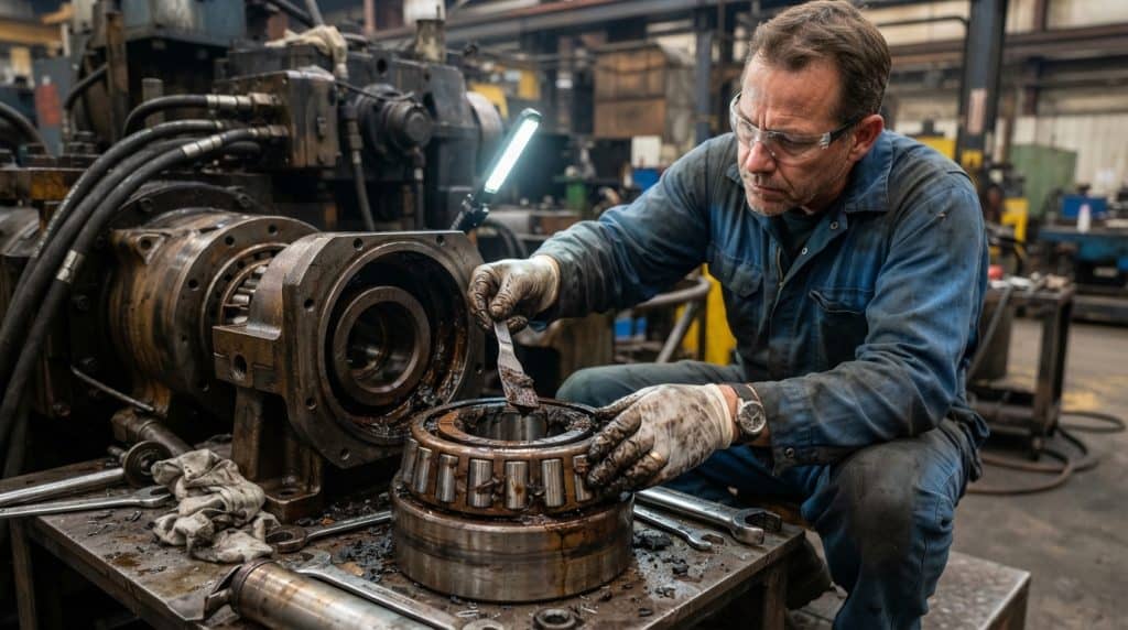 Teknisi mekanik memeriksa kualitas pelumas dan grease pada bearing mesin industri untuk evaluasi sistem pelumasan.