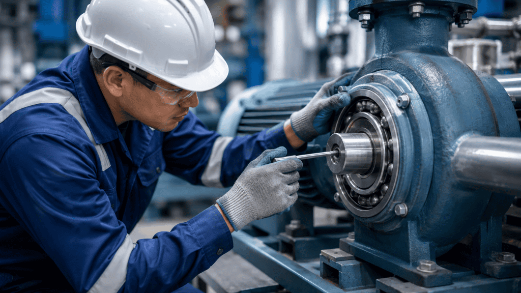 Teknisi melakukan preventive maintenance dan pemeriksaan bearing mesin industri.
