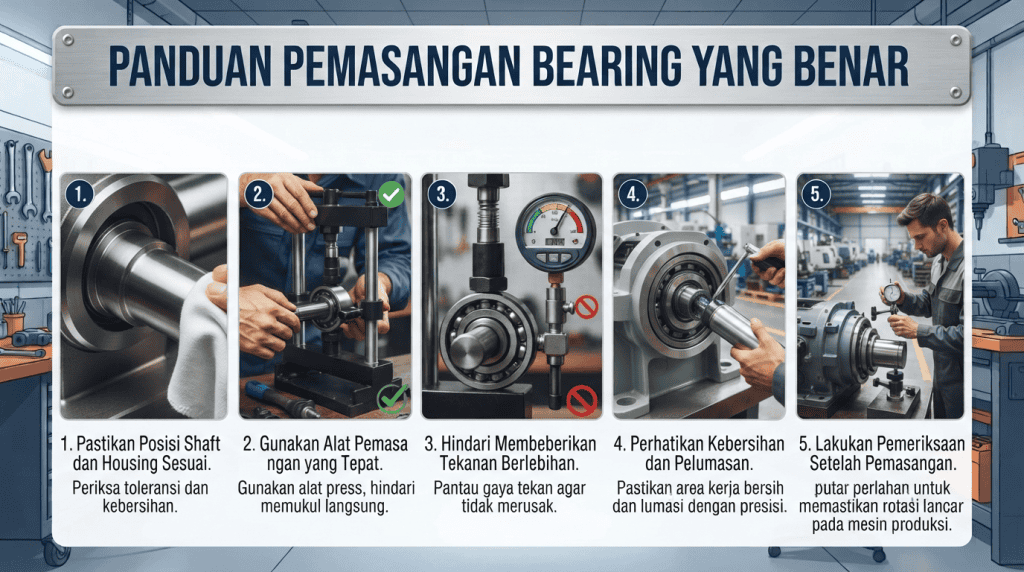 Infografis panduan 5 langkah cara instalasi bearing yang benar pada mesin industri.