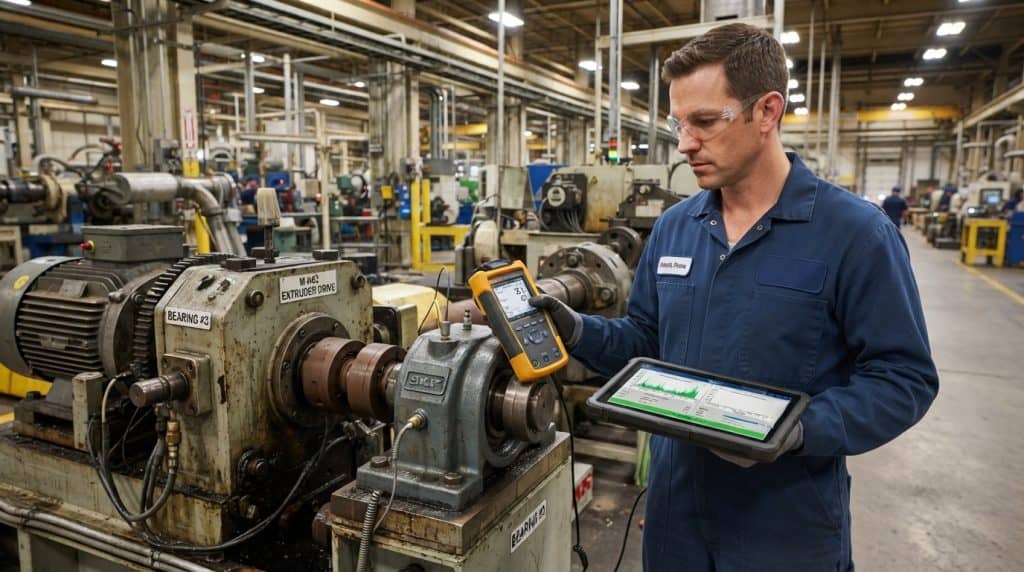 Seorang teknisi industri melakukan monitoring kondisi mesin produksi menggunakan alat penguji getaran dan tablet digital di pabrik manufaktur.