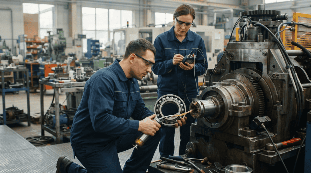 Teknisi melakukan pelumasan atau greasing pada ball bearing untuk mengurangi friction mesin industri