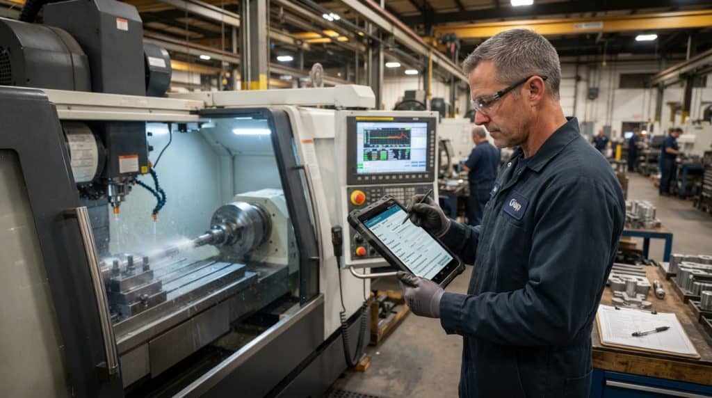 Teknisi industri mencatat data laporan pemeliharaan dan melakukan monitoring berkala menggunakan komputer tablet di depan mesin CNC.