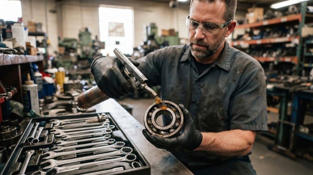 Seorang teknisi industri sedang mengaplikasikan gemuk pelumas secara presisi pada bearing menggunakan grease gun berujung jarum di bengkel.