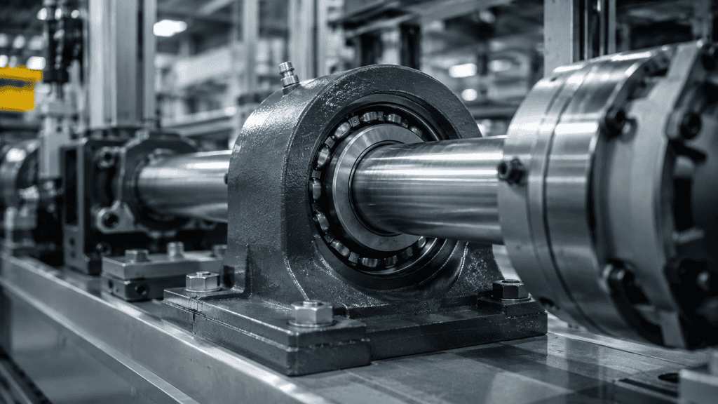 Pillow block bearing dan poros baja berpresisi tinggi yang terpasang pada mesin industri modern.