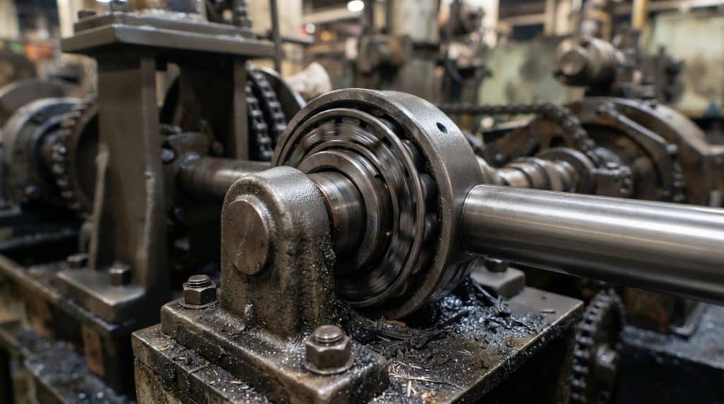 Komponen bearing mesin industri yang berputar saat muncul suara atau bunyi tidak normal tanda kerusakan dari Djaja Harapan Group