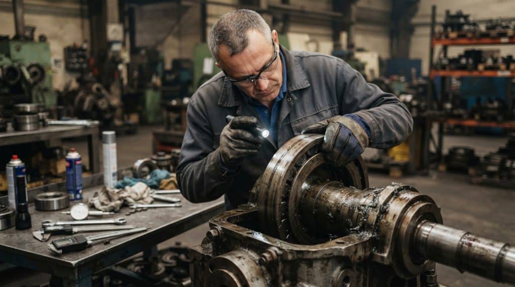 Teknisi industri sedang memeriksa kondisi operasional bearing menggunakan senter di bengkel mesin.