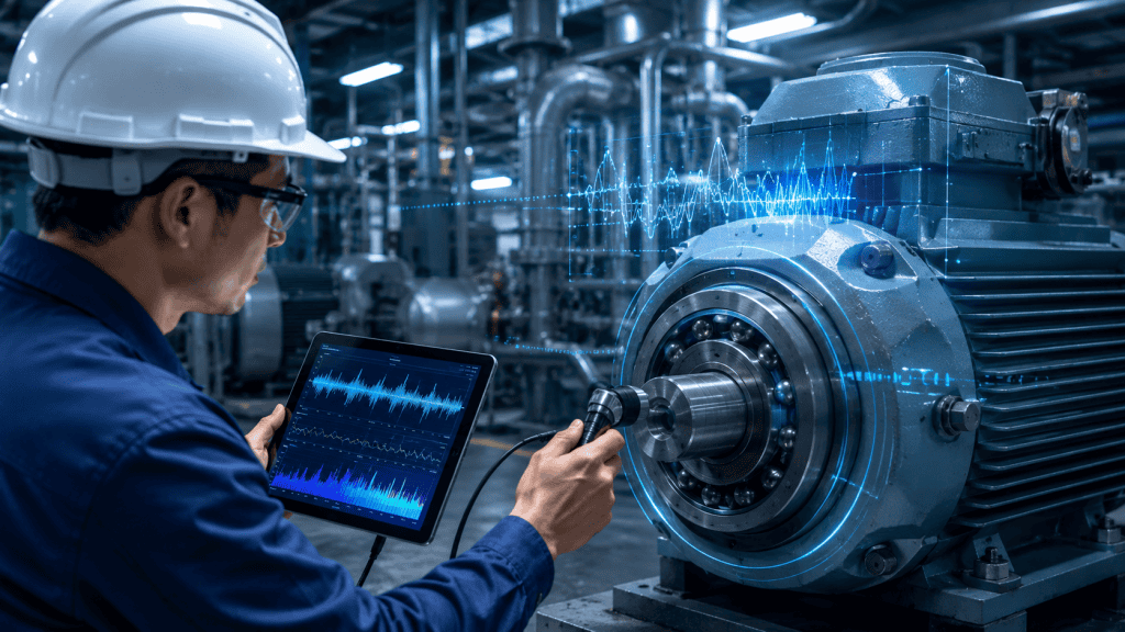 Teknisi melakukan predictive maintenance menggunakan tablet dan sensor getaran pada bearing mesin industri.