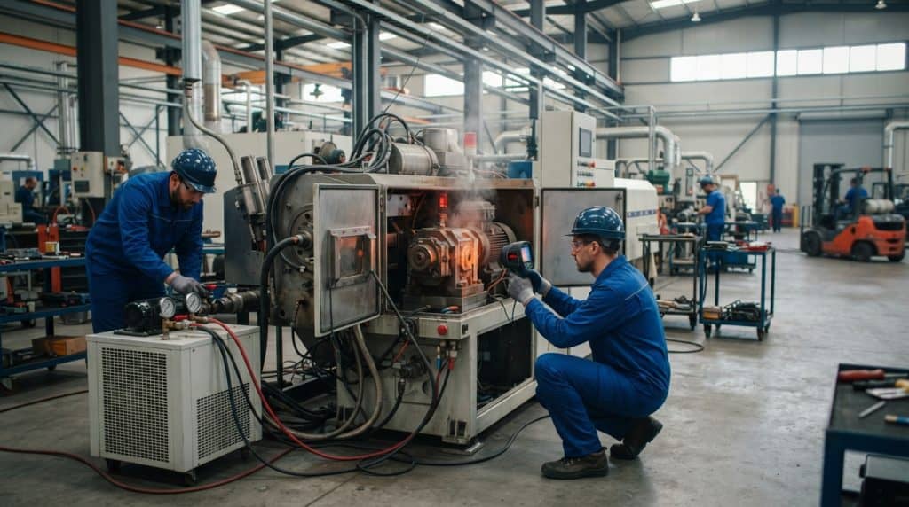 Dua teknisi pabrik dengan pakaian kerja dan alat pelindung diri sedang mendiagnosis masalah overheating pada mesin produksi besar di lingkungan industri.