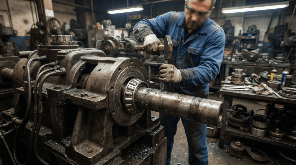 Contoh kesalahan instalasi bearing menggunakan palu secara langsung pada mesin industri yang harus dihindari.