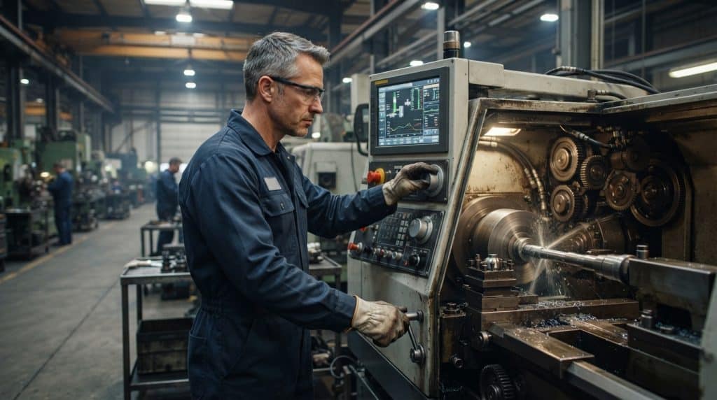 Teknisi sedang melakukan uji operasi mesin bubut CNC setelah perbaikan untuk memastikan kinerja dan suhu kembali normal.