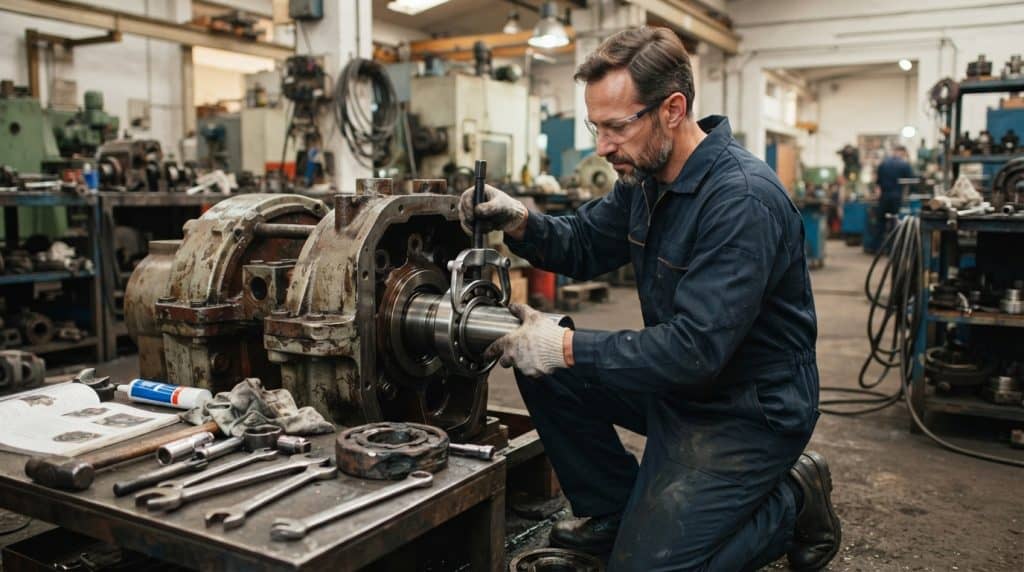 Teknisi sedang mengganti komponen bearing mesin pabrik untuk artikel mengapa bearing perlu diganti secara berkala PT Djaja Harapan Makmur
