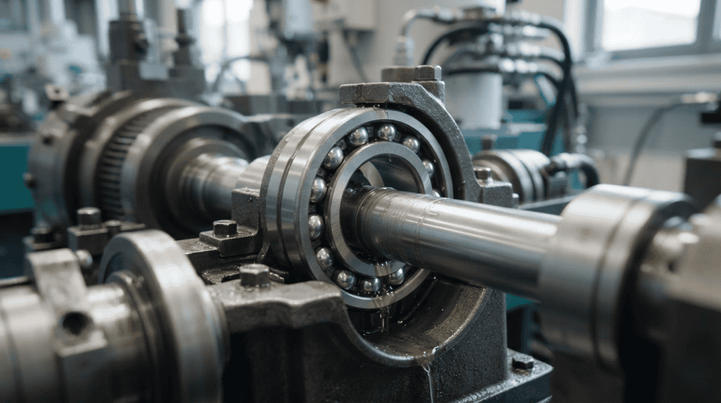 Ball bearing industri terlumasi dengan baik pada poros mesin untuk mencegah gesekan dan kerusakan komponen.