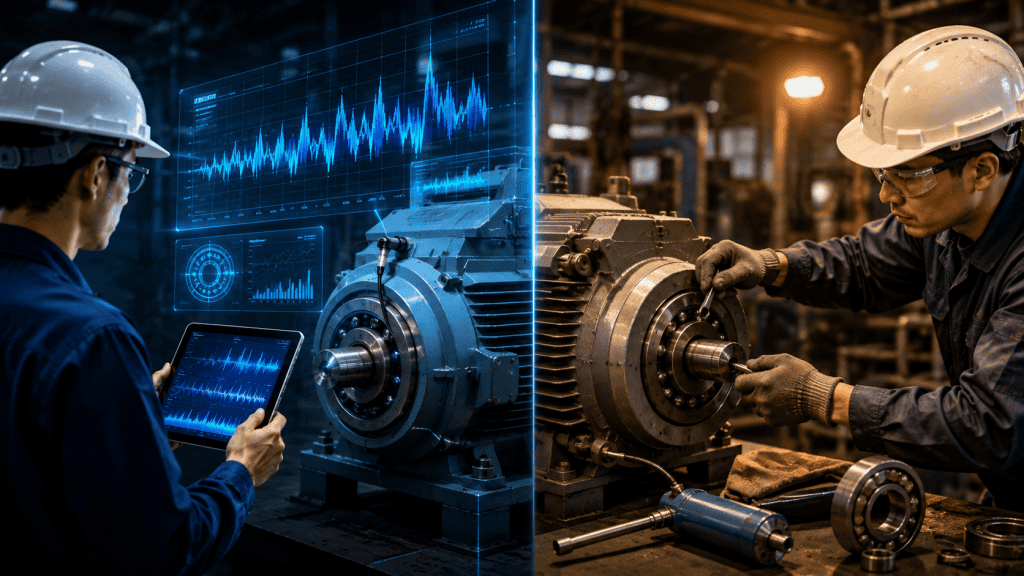 Perbandingan visual antara predictive maintenance berbasis data (kiri) dan preventive maintenance manual (kanan) pada motor industri.