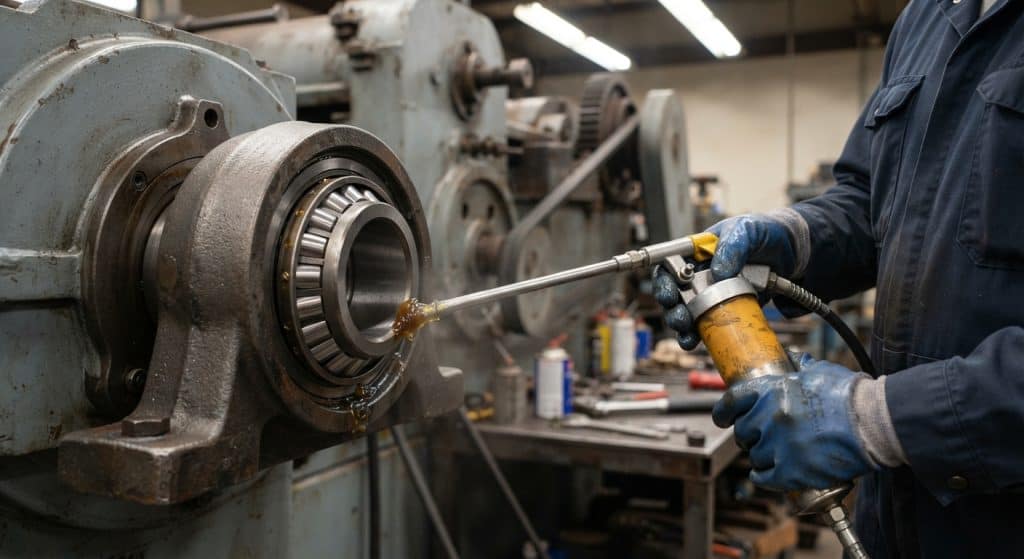 Seorang teknisi industri sedang melakukan pelumasan manual pada bearing mesin besar menggunakan grease gun di bengkel.