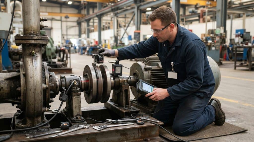 Teknisi industri melakukan pemeriksaan laser alignment pada kopling poros mesin pompa dan motor listrik.