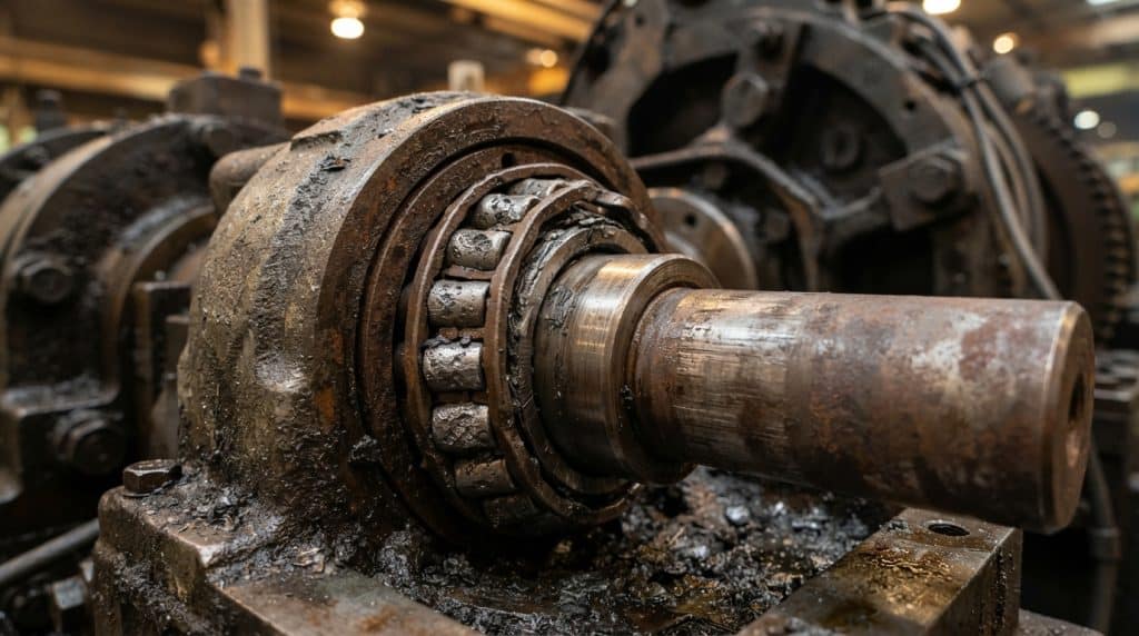 Komponen bearing mesin industri yang mengalami keausan atau kerusakan fisik parah di pabrik dari Djaja Harapan Makmur