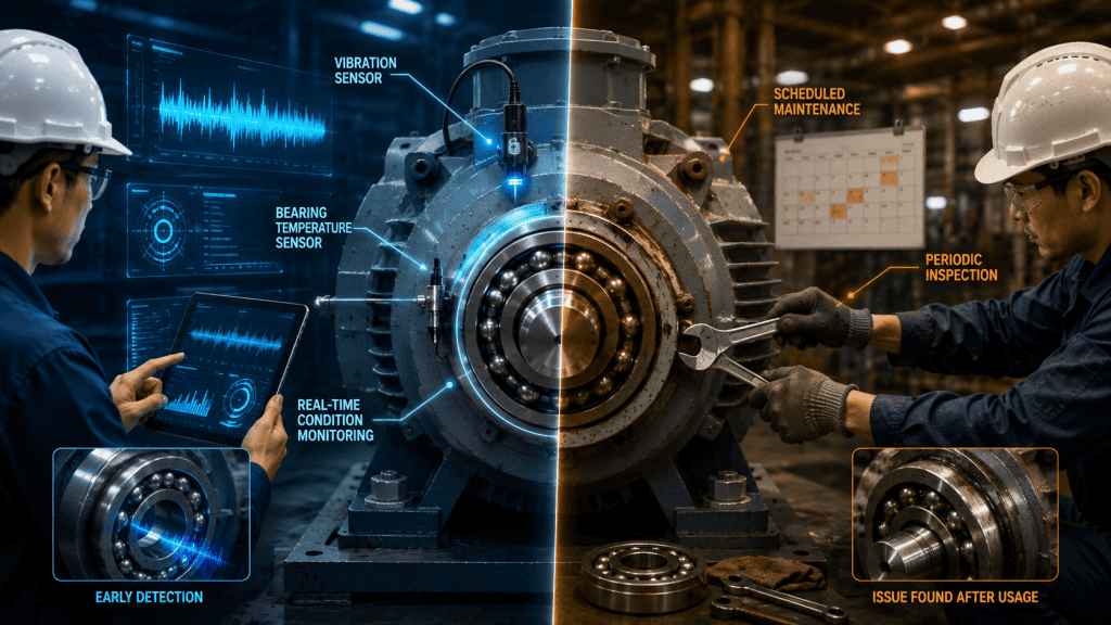 Infografis perbandingan predictive maintenance dan preventive maintenance untuk menentukan strategi perawatan mesin industri yang lebih efektif.