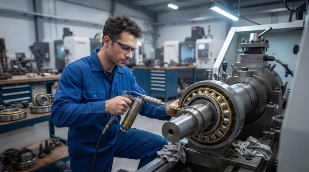 Teknisi industri sedang melakukan proses pelumasan atau lubrikasi bearing mesin menggunakan grease gun untuk menjaga performa optimal.